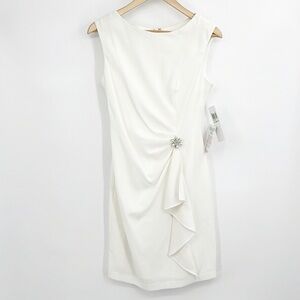 London Times Side Draped Dress with Pearl Brooch Ivory Cream size 8 NWT